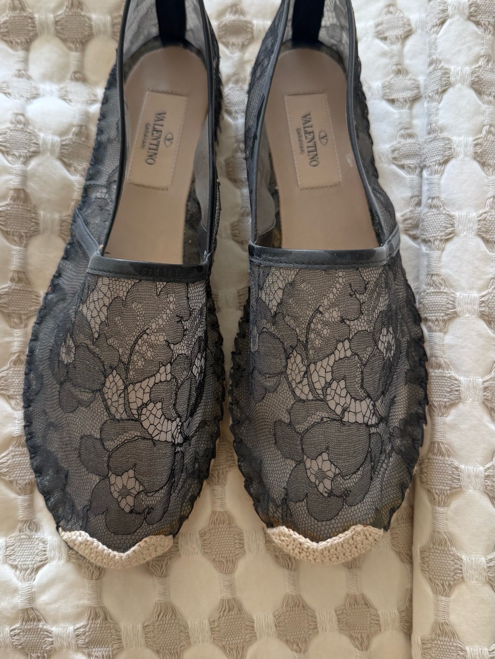 Valentino Black Lace Espadrille Flats with Natural Rope Trim